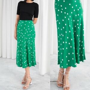& other stories green polka dot silk midi skirt